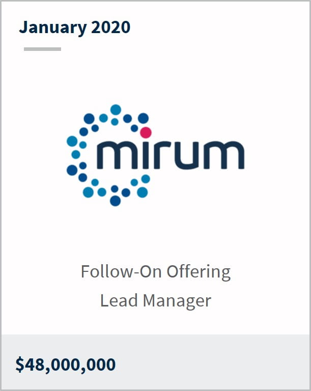 January 2020 Mirum Pharmaceuticals $48,000,000 follow-on offering lead manager