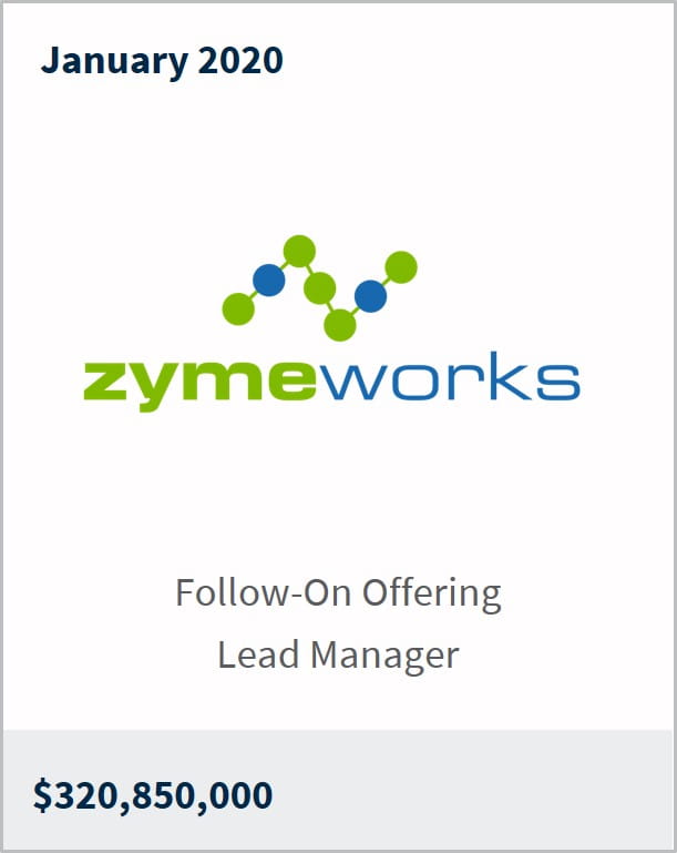 January 2020 Zymeworks $320,850,000 follow-on offering lead manager