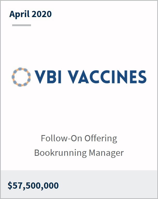 April 2020 VBI Vaccines $57,500,000 follow-on offering bookrunning manager