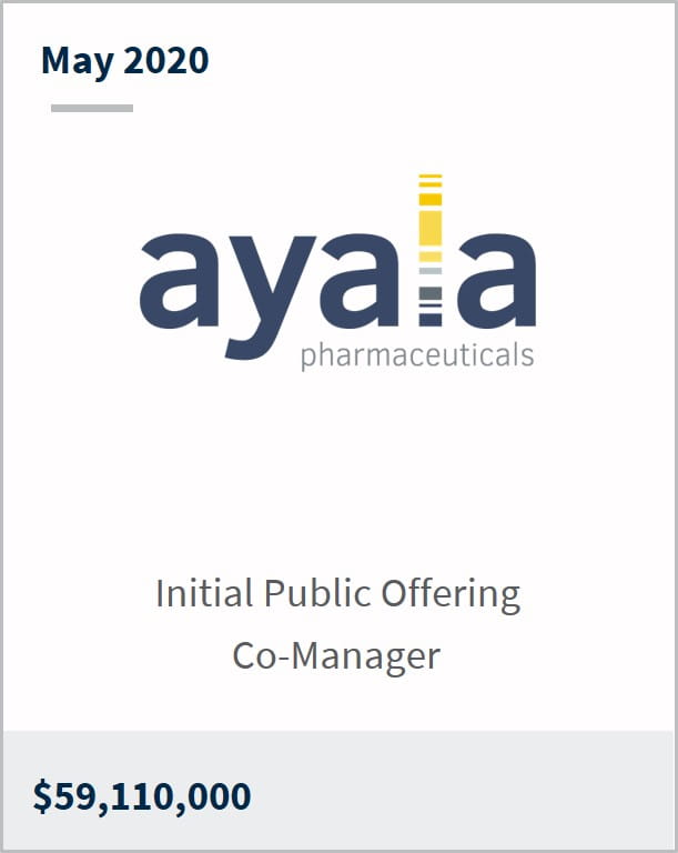 May 2020 Ayala Pharmaceuticals $59,110,000 initial public offering co-manager