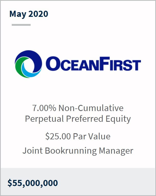 May 2020 OceanFirst Financial $55M 7.00% non-cumulative perpetual preferred equity $25 par value joint bookrunning manager