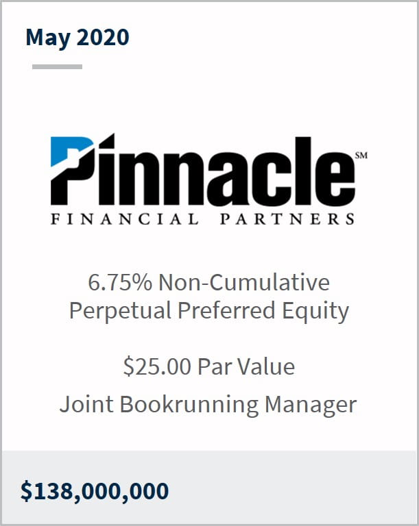 May 2020 Pinnacle Financial Partners $138M 6.75% non-cumulative perpetual preferred equity $25 par value joint bookrunning manager