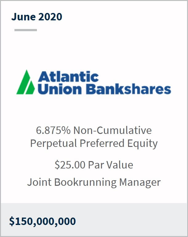 June 2020 Atlantic Union Bankshares $150M 6.875% non-cumulative perpetual preferred equity $25 par value joint bookrunning manager