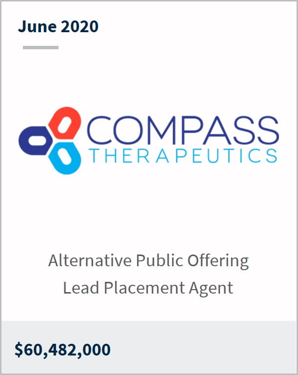 June 2020 Compass Therapeutics $60,482,000 Alternative public offering lead placement agent