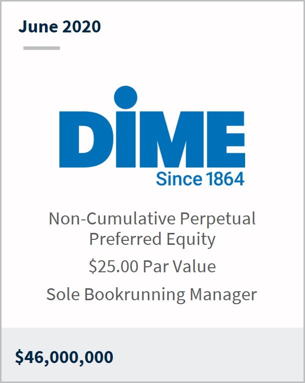 June 2020 Dime Community $46,000,000 non-cumulative perpetual preferred equity $25 par value sole bookrunning manager