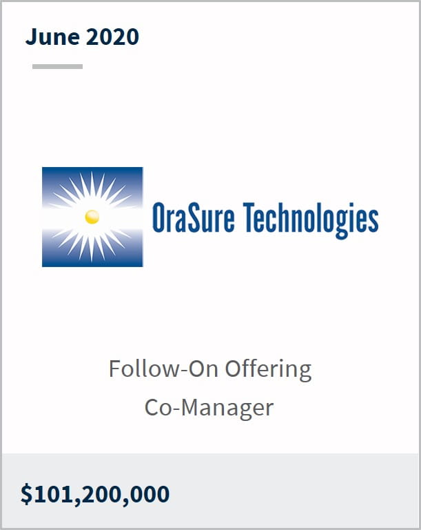 June 2020 OraSure Technologies $101,200,000 follow-on offering co-manager