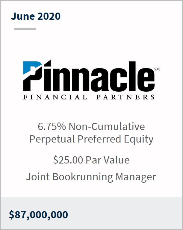 June 2020 Pinnacle Financial Partners $87,000,000 6.75% non-cumulative perpetual preferred equity $25 par value joint bookrunning manager