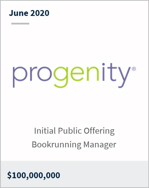 June 2020 Progenity $100,000,000 initial public offering bookrunning manager