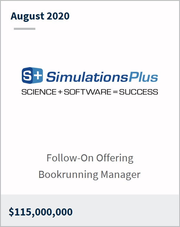 August 2020 Simulations Plus $115,000,000 follow-on offering bookrunning manager