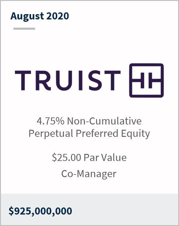 August 2020 Truist $925,000,000 4.75% non-cumulative perpetual preferred equity $25.00 par value co-manager