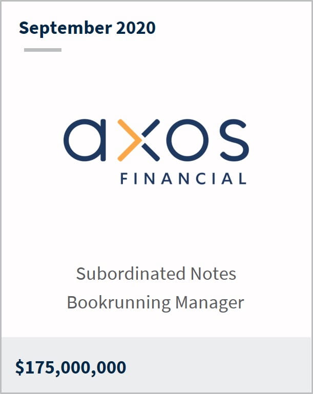 September 2020 Axos Financial $175M subordinated notes bookrunning manager
