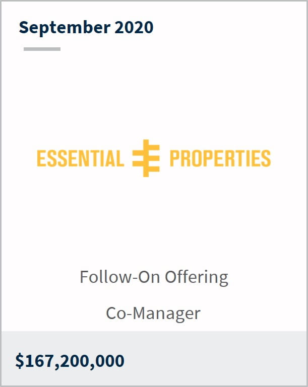 September 2020 Essential Properties Realty Trust $167,200,000 follow-on offering co-manager
