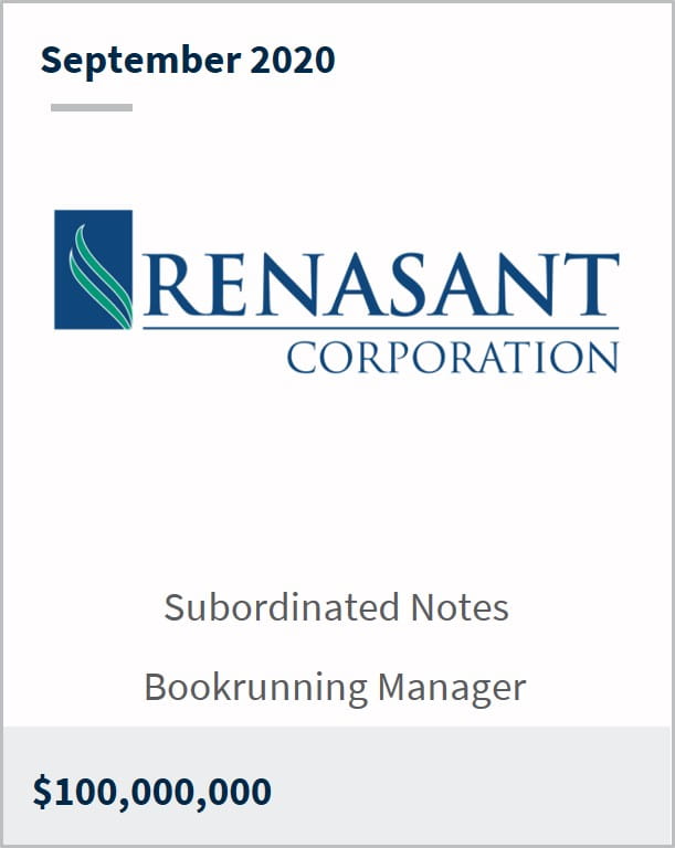 September 2020 Renasant Corporation $100M subordinated notes bookrunning manager