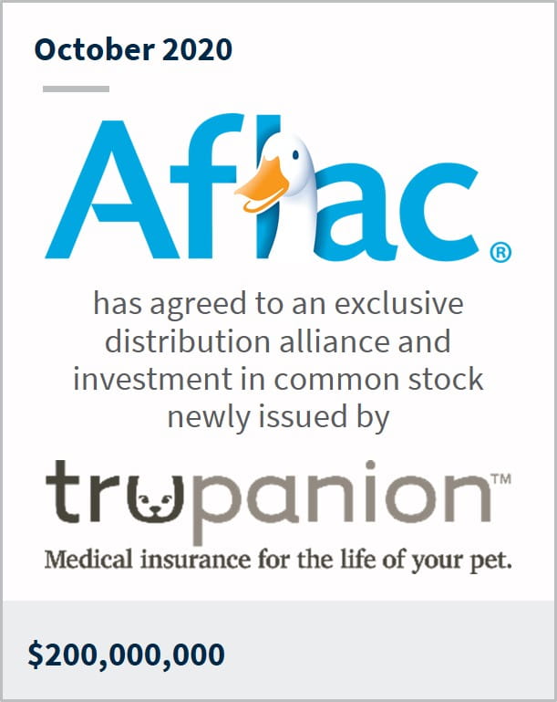 October 2020 AFLAC has agreed to an exclusive distribution alliance and investment in common stock newly issued by Trupanion $200M