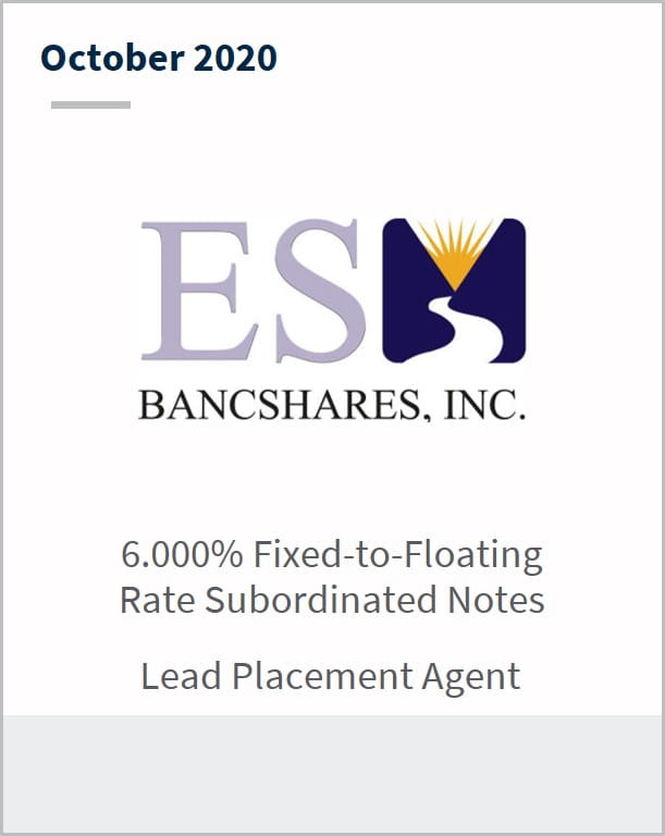 October 2020 ES Bancshares 6.000% fixed-to-floating rate subordinated notes lead placement agent