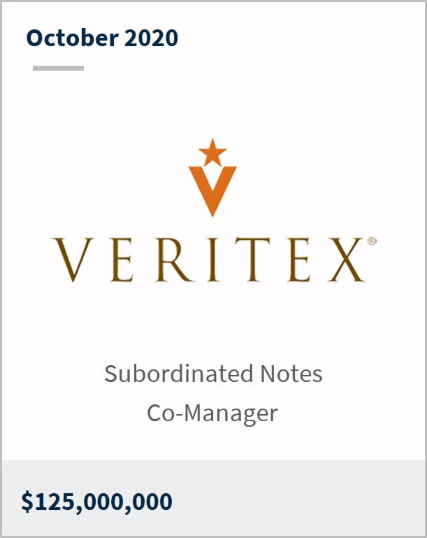 October 2020 Veritex Holdings $125M subordinated notes co-manager