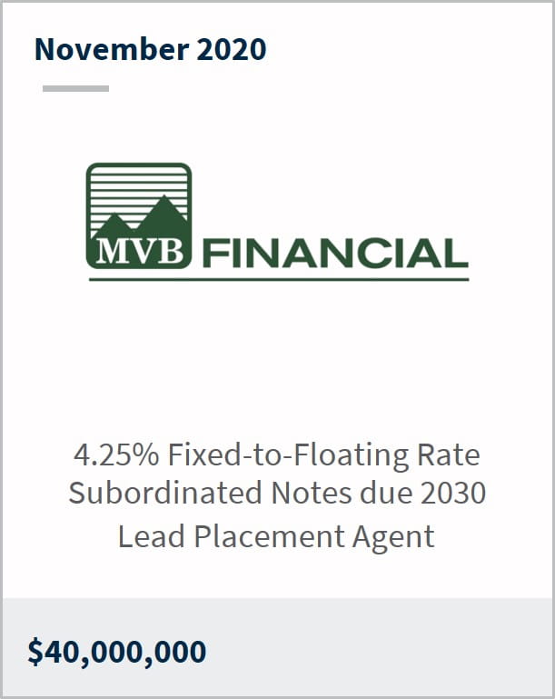 November 2020 MVB Financial $40,000,000 4.25% fixed-to-floating rate subordinated notes due 2030 lead placement agent