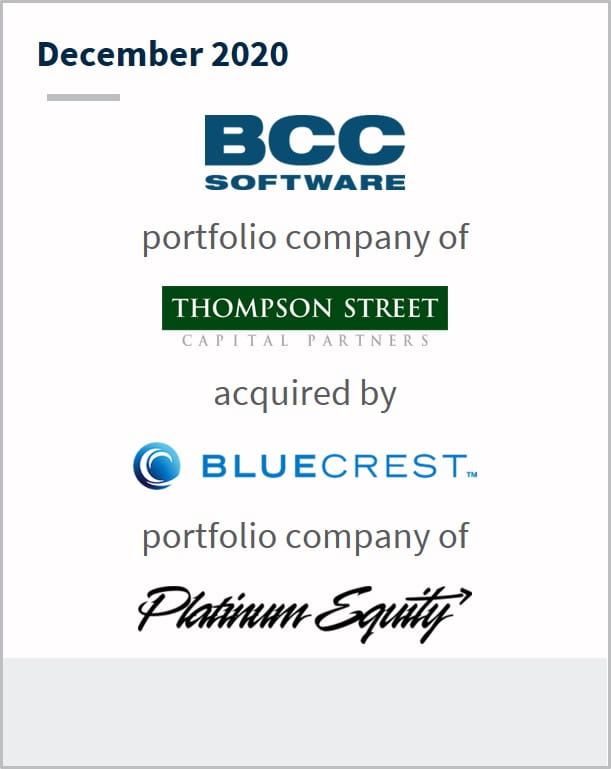 December 2020 BCC Software a portfolio company of Thompson Street has been acquired by Bluecrest a portfolio company of Platinum Equity