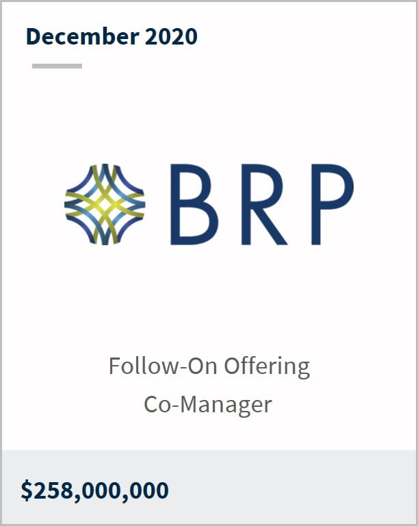 December 2020 BRP Group $258,000,000 follow-on offering co-manager