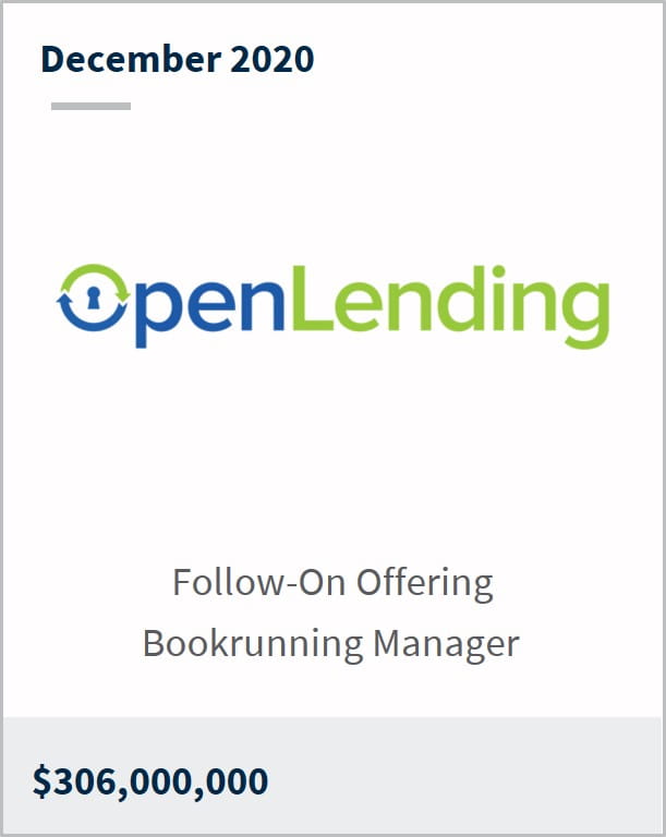December 2020 OpenLending $306,000,000 follow-on offering bookrunning manager