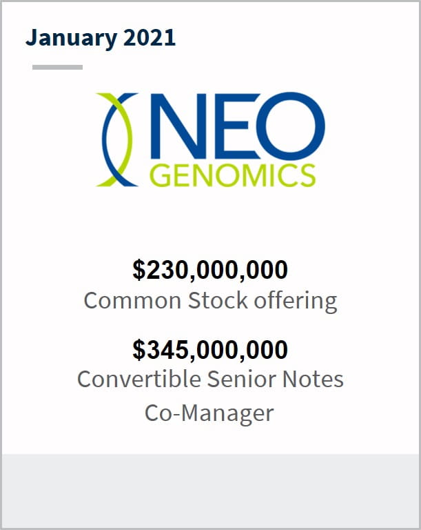January 2021 Neogenomics $230,000,000 common stock offering $345,000,000 convertible senior notes co-manager