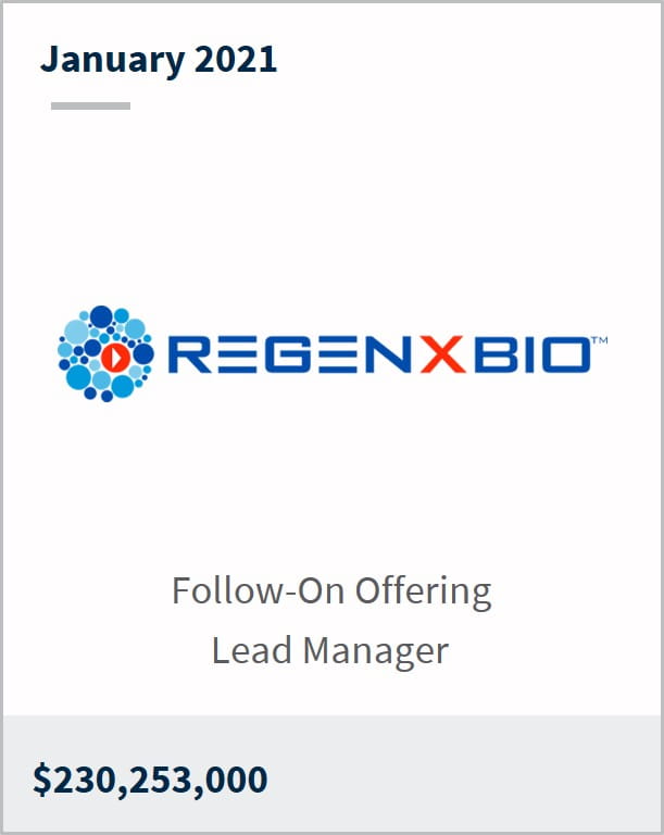 January 2021 REGENXBIO $230,253,000 follow-on offering lead manager