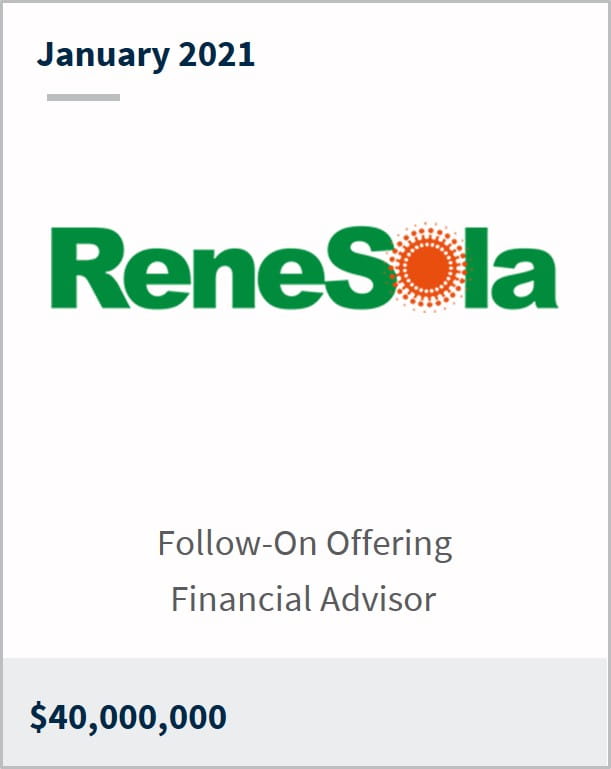 January 2021 ReneSola Power $40,000,000 follow-on offering financial advisor