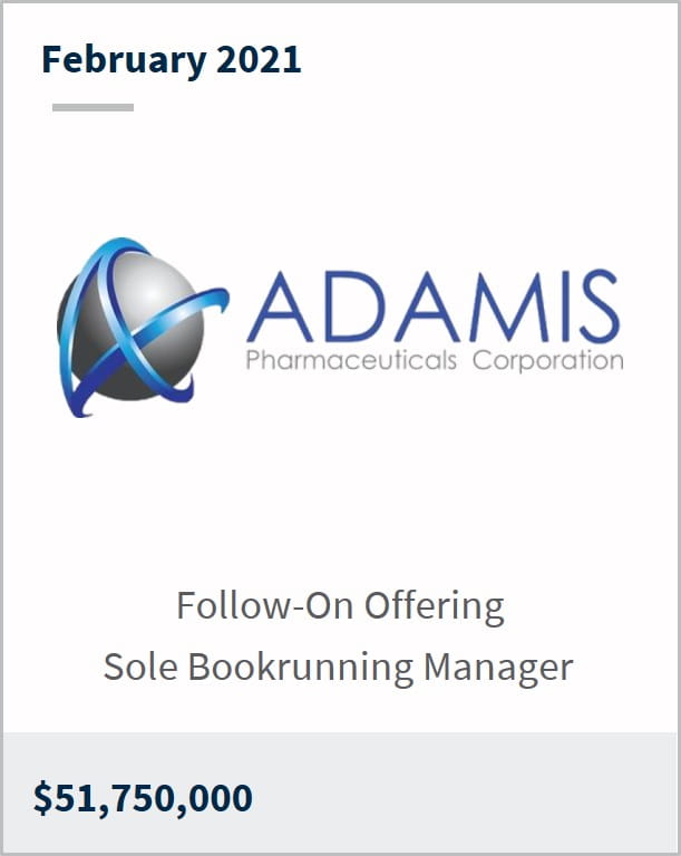 February 2021 Adamis Pharmaceuticals $51,750,000 follow-on offering sole bookrunning manager