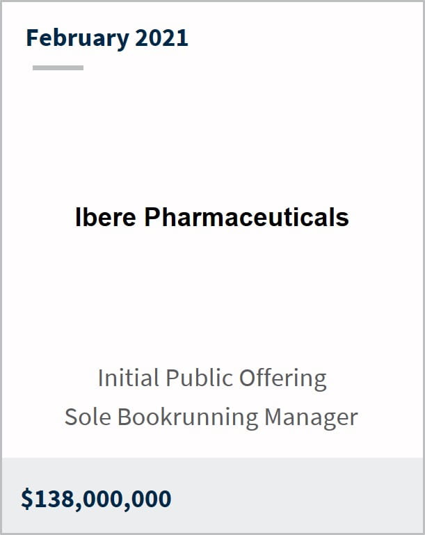 February 2021 Ibere Pharmaceuticals $138,000,000 initial public offering sole bookrunning manager