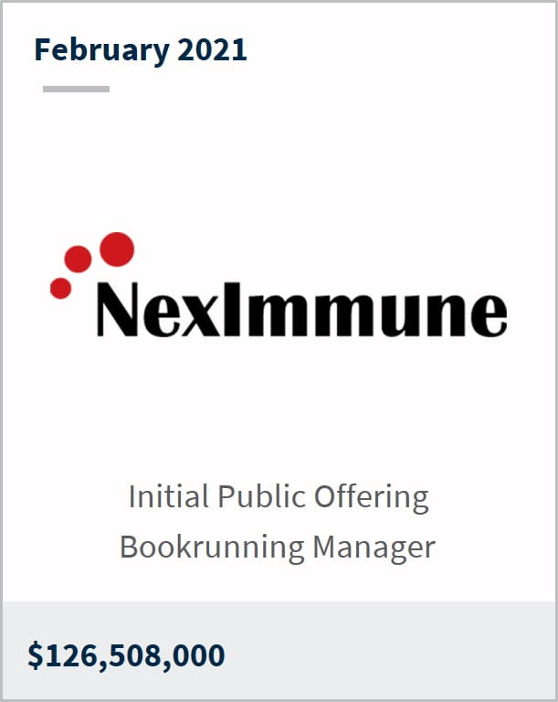 February 2021 NexImmune $126,508,000 initial public offering bookrunning manager