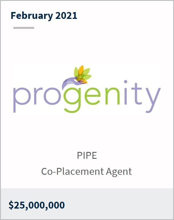 February 2021 Progenity $25,000,000 PIPE co-placement agent