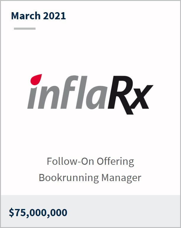 March 2021 InflaRx $75,000,000 follow-on offering bookrunning manager