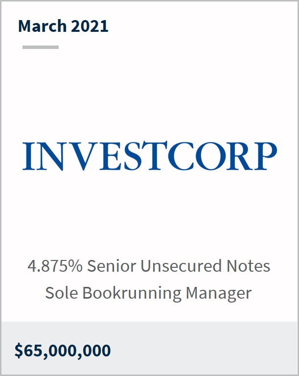 March 2021 Investcorp $65,000,000 4.875% senior unsecured notes sole bookrunning manager
