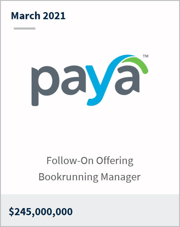 March 2021 Paya $245,000,000 follow-on offering bookrunning manager