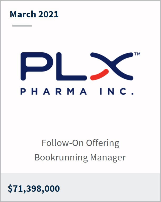 March 2021 Plx Pharma Inc $71,398,000 follow-on offering bookrunning manager