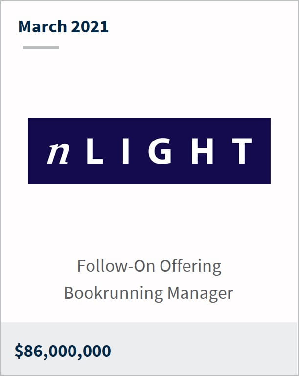 March 2021 nLight $86,000,000 follow-on offering bookrunning manager