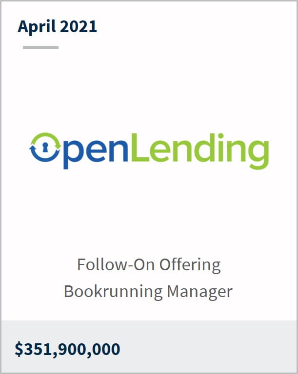 April 2021 Open Lending $351,900,000 follow-on offering bookrunning manager