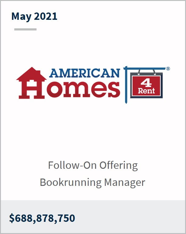 May 2021 American Homes 4 Rent $688,878,750 follow-on offering bookrunning manager