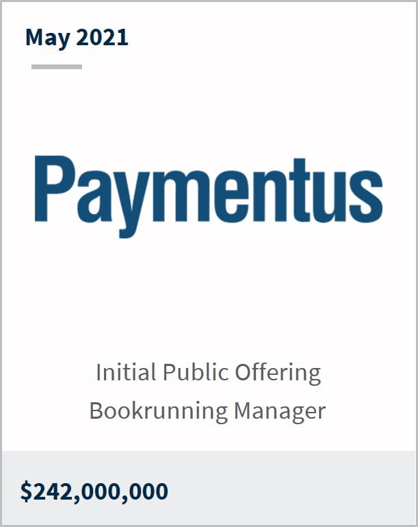 May 2021 Paymentus Holdings Inc $242,000,000 initial public offering bookrunning manager