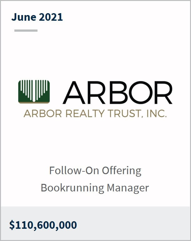 June 2021 Arbor Realty Trust Inc $110,600,000 follow-on offering bookrunning manager