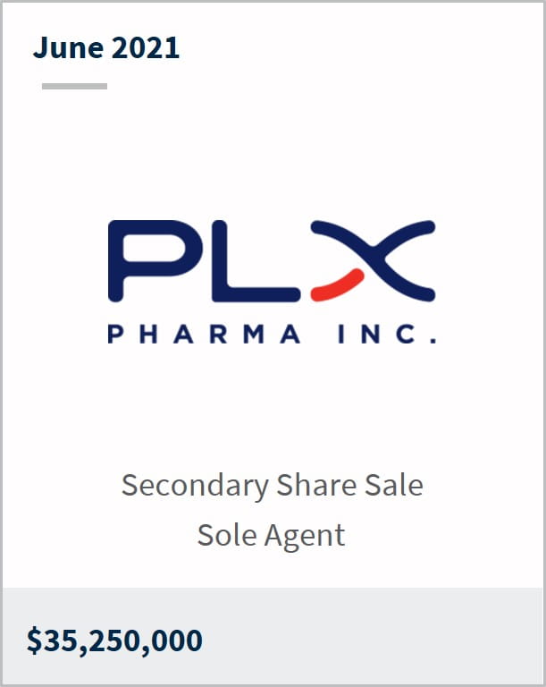 June 2021 PLx Pharma Inc $35,250,000 secondary share sale sole agent