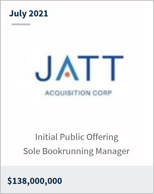July 2021 JATT Acquisition Corp $138,000,000 initial public offering sole bookrunning manager