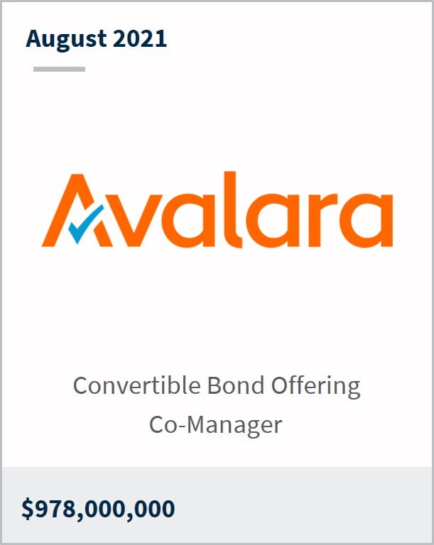 August 2021 Avalara Inc $978,000,000 convertible bond offering co-manager
