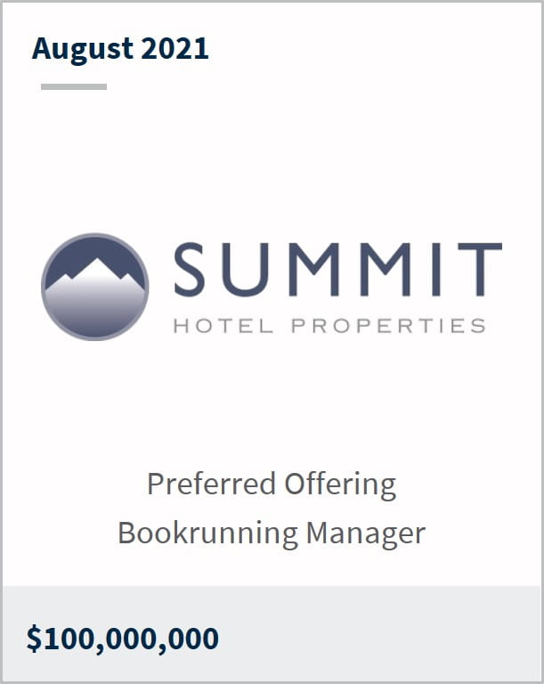 August 2021 Summit Hotel Properties $100,000,000 preferred offering bookrunning manager