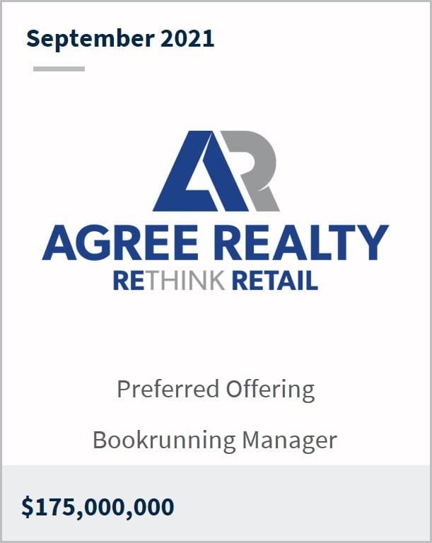 September 2021 Agree Realty Corporation $175,000,000 preferred offering bookrunning manager