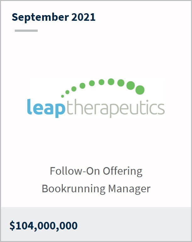 September 2021 Leap Therapeutics $104,000,000 follow-on offering bookrunning manager