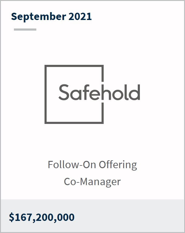 September 2021 Safehold Inc $167,200,000 follow-on offering co-manager