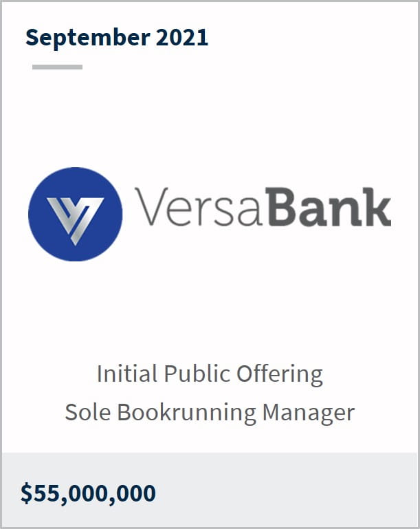 September 2021 VersaBank $55,000,000 Initial public offering sole bookrunning manager