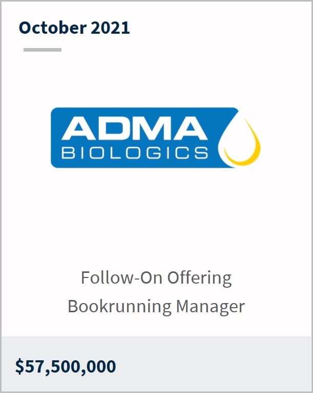 October 2021 ADMA Biologics $57,500,000 follow-on offering bookrunning manager