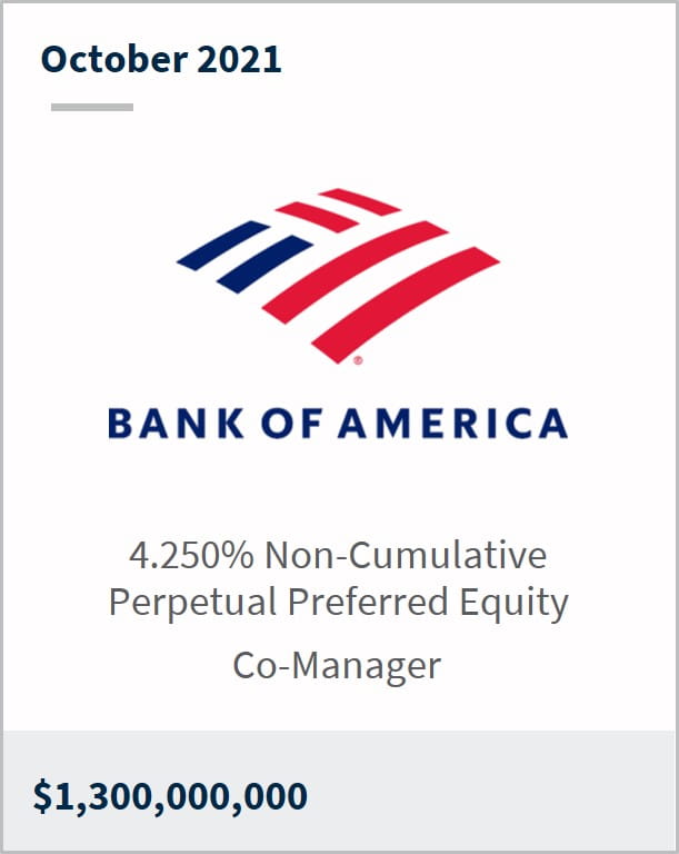 October 2021 Bank of America $1,300,000,000 4.250% non-cumulative perpetual preferred equity co-manager